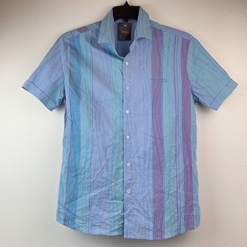 NWT Guanto stretchy sporty cotton blend short sleeve shirt lavender blue stripe